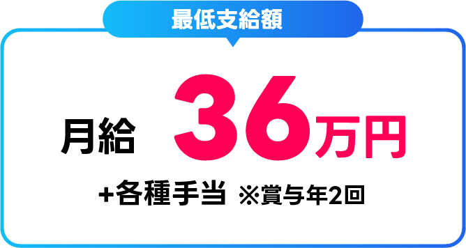 最低給与月給36万円+各種手当※賞与２回